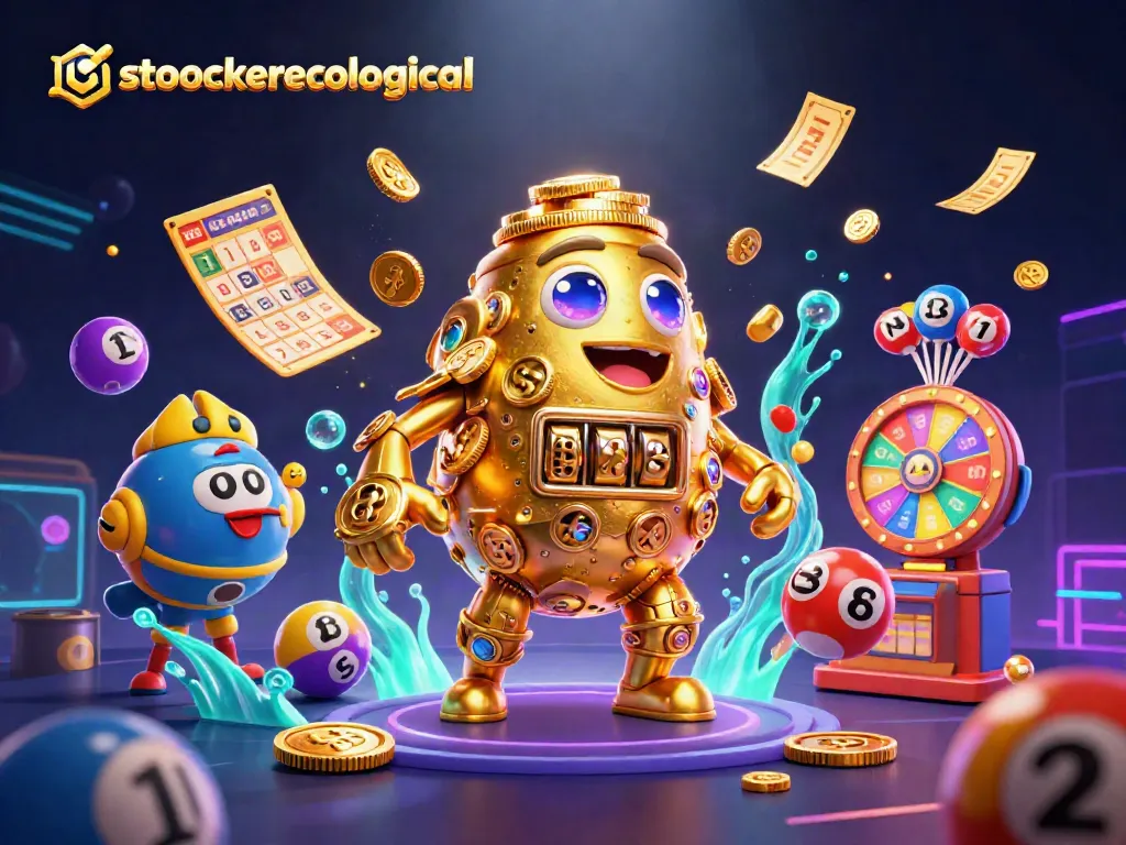 Engage with stoeckerecological's vibrant casino scene showcasing a golden golem amidst dynamic lottery elements.