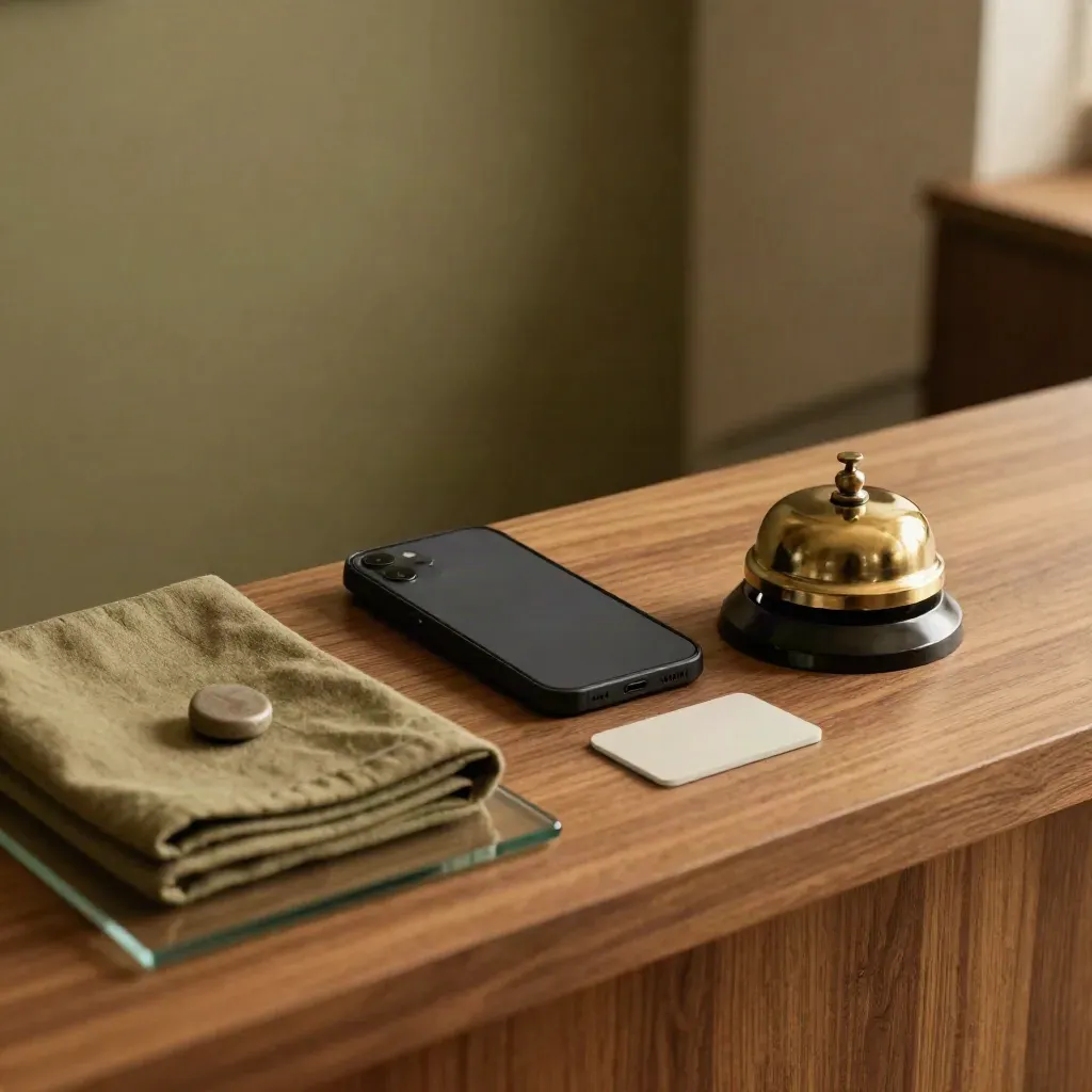 Teléfono, timbre y ficha de contacto sobre mostrador de madera en una recepción moderna.