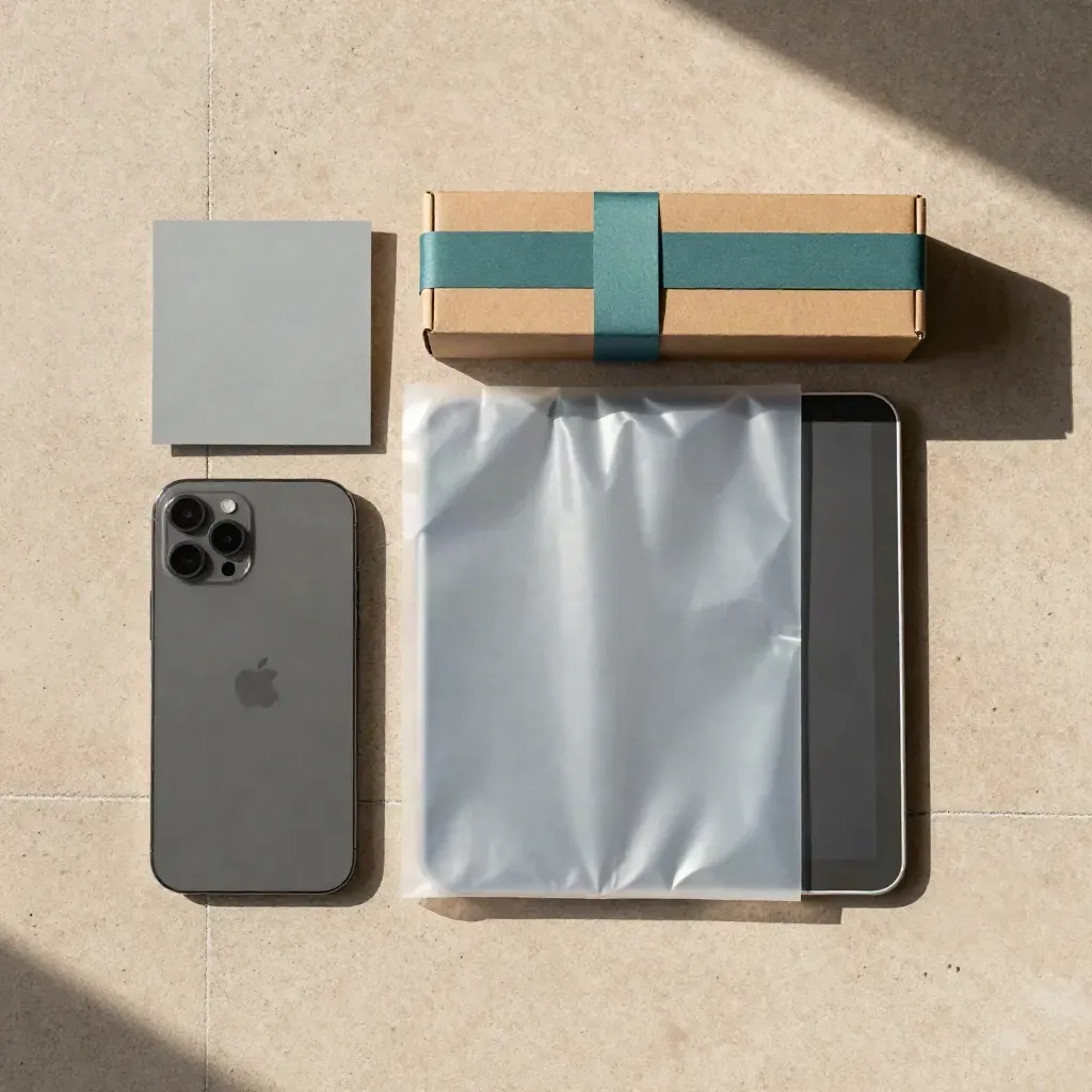 Flatlay de móvil, tablet, envoltorio y caja sobre concreto claro con acento verde azulado.