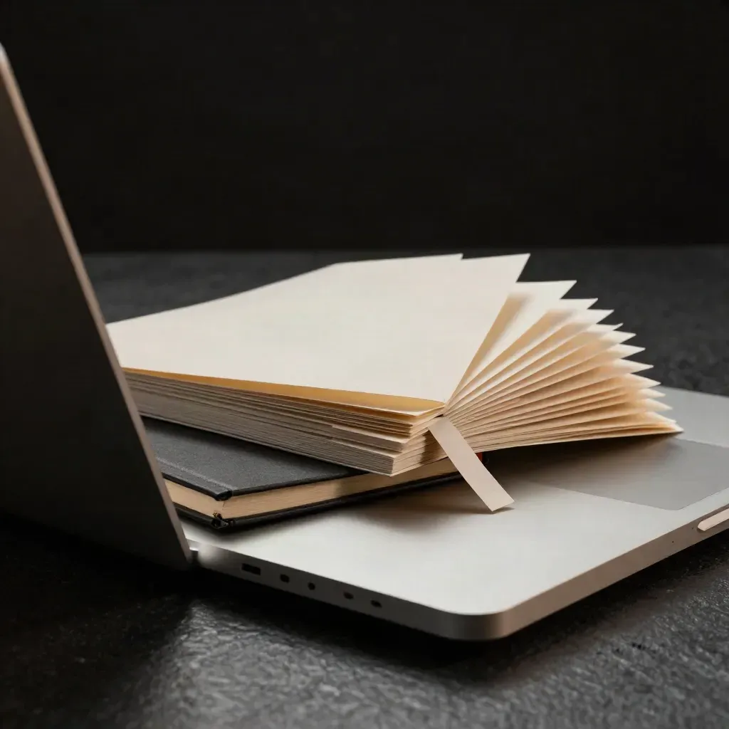 Portátil cerrado con papel, libreta y pieza de teclado en una escena editorial oscura y elegante.